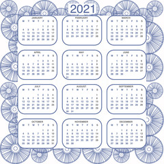 Design calendar 2021 year in trendy ornamental style. Stationery planner template. Vector illustration. Week starts on Monday. Set of 12 months. Made in blue and white colors