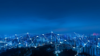 Wireless network and Connection technology concept with night cityscape of Seoul,South korea background