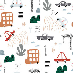 Seamless pattern with abstract city life, houses, ferris wheel trees, cars and floral elements. Trendy modern texture for fabric, wallpaper, textile, apparel. Vector illustration