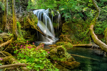 Long exposure of the beautiful La Vaioaga waterfall with green moss, Beusnita, Cheile Nerei National Park, Caras Severin, Romania