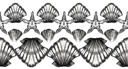 Seamless raster pattern with seashells and starfish in monochrome color. Watercolor texture. Nautical border. Perfect for textile, design, wrapping and etc.