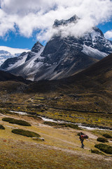 Beautiful mountain peaks, soft white clouds and golden fields