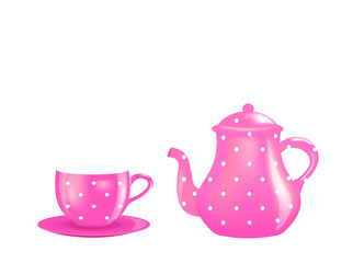 Pink tea pot and cup. vector illustration