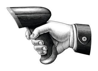 Hand holding barcode scanner drawing vintage style black and white clip art isolated on white background © channarongsds