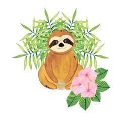 Watercolor cute baby sloth. Cartoon hand drawn safari animal with tropical leaves and flowers.