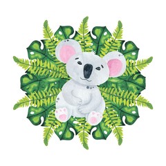 Watercolor cute baby koala. Cartoon hand drawn wild animal with tropical leaves and flowers.
