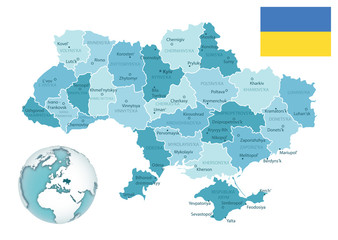 Ukraine administrative blue-green map with country flag and location on a globe. Vector illustration