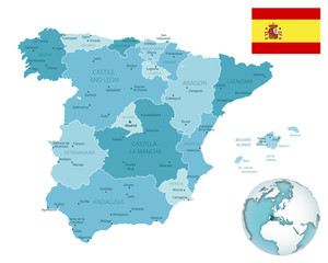 Spain administrative blue-green map with country flag and location on a globe. Vector illustration