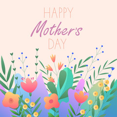 Greeting card Happy Mothers Day. Vector illustration with flowers, twigs and beautiful text on a light orange background. Nice postcard for your holiday.