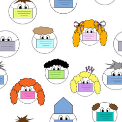 People in medical masks, face 
virus protection, children pattern seamless, material, paper, wallpaper, textil, background