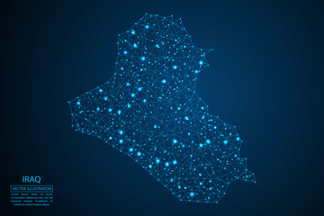 Obraz premium A map of Iraq consisting of 3D triangles, lines, points, and connections. Vector illustration of the EPS 10.
