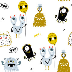 Kinderachtig naadloos patroon met creatieve monsters. Grappige monsters vector achtergrond. Perfect voor kinderkleding, textiel, stof.