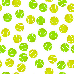 Seamless pattern of green and yellow tennis balls on white background. Summer sport vector print. Design for textile, wallpaper, sport equipment and banner. Sports, activity vector illustration.