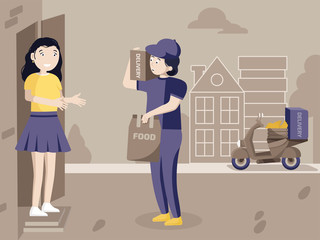 Woman takes a parcel delivered to the door from fast home delivery service. Contact less delivery. Flat vector illustration.