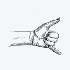 Hand-drawn sketch of a Call Me Hand on a white background. Hand Signs And Gestures. Hand poses. 