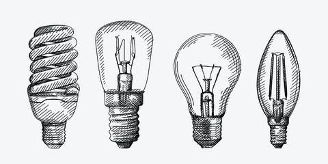 Hand-drawn sketch of light bulbs set. The set consists of straight-sided, globe, candle twisted, candle shaped light bulbs