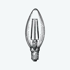 Hand-drawn sketch of a candle light bulb. Incandescent light bulb, incandescent lamp or incandescent light globe. 