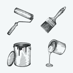Hand-drawn sketch set of tools for painting walls. Set includes a wall paint roller, an opened paint can with lid neat the can, paint can with paint flowing out of the can, wall brush. - 337790764