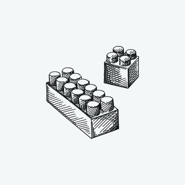 Hand-drawn sketch of constructor/Bricks piece on a white background. Toys for small children. Educational toys for toddlers.