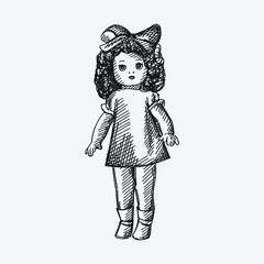 Hand-drawn sketch of a vintage doll on a white background. Toys for small children. Educational toys for toddlers. 