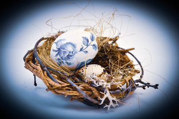 Obraz premium A cute wicker nest with a stingy egg and moss. Easter decoration. Moss. Quail egg.