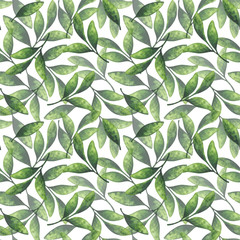 Green leaf. Seamless pattern with a watercolor illustration on a white background. Eco-friendly Botanical ornament. Voluminous, chaotic pattern for a stylish print. Ornate plants.