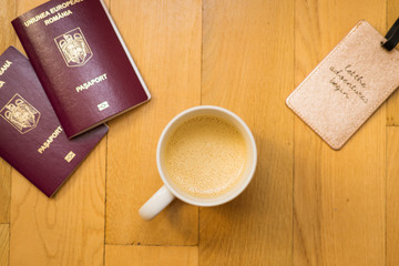 cup of coffee and passports for travel