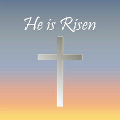 The cross is white on a background with a gradient with the inscription below "He is risen." Vector illustration. Stock Photo.