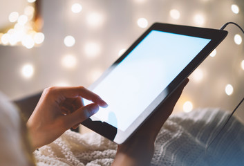 workplace at home relax, girl working tablet technology, solation student study computer with blank screen mockup,  female hands holding gadget, online wifi internet