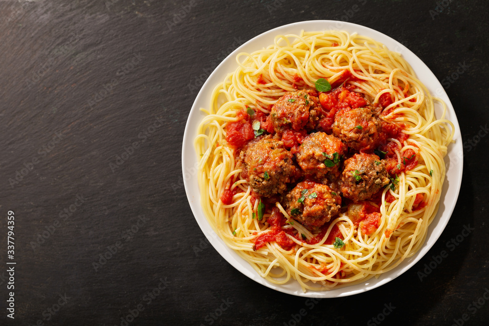 Wall mural plate of pasta with meatballs, top view