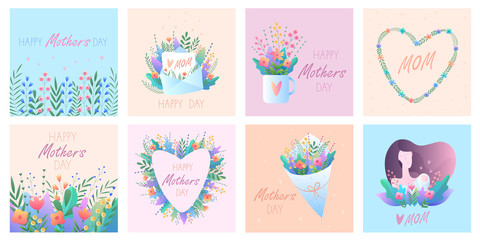 Fototapeta na wymiar Mothers Day. Set of greeting cards. Vector illustration with flowers, hearts, mom and baby, letter. For cards, stickers, banners. For your holidays. On gentle pastel backgrounds.