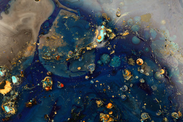 Macro mystical Abstract blue color marble horizontal texture background. Acrylic color in water and oil.