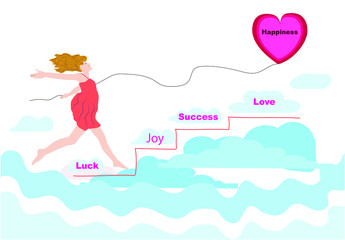 A girl runs through the clouds in her hands a cord from a balloon on it is the inscription Happiness. Dreams of a girl about success, prosperity and love in life. Abstract infographics