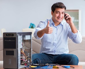 Happy customer resolving his computer problem