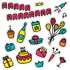 Sticker pack. Birthday, party, wedding. Hand-drawn icons. Vector