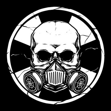skull with gas mask and bio hazard sign background