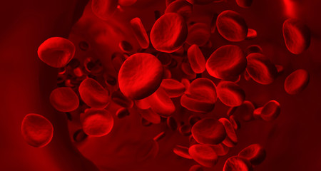 Red blood cells clot in vein. Scientific and medical abstract concept. Transfer of important...