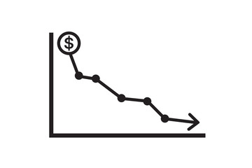 Money crisis icon vector, Dollar rate decrease vector line icon. Money symbol with down arrow. Lower cost icon. Business lost crisis decrease vector illustration. money crisis due to coronavirus 