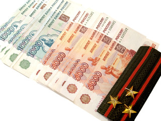 Soldier chase and Russian paper money on white background