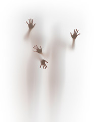 Two human body silhouette and four hands. People stand behind a curtain touching it by fingers.