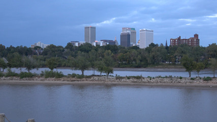 Skyline of Downtown Tulsa - wide angle view with Arkansas River - USA 2017