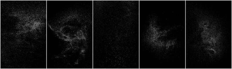 Set of distressed white grainy texture. Dust overlay textured. Grain noise particles. Snow effects pack. Rusted black background. Vector illustration, EPS 10.   