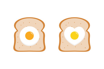 Vector cartoon style illustration, icons with fried eggs on toast for breakfast.