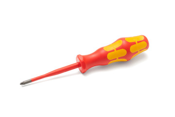 Dielectric screwdriver for electrician installer on a white background. Screwdriver for electrical work. Isolated