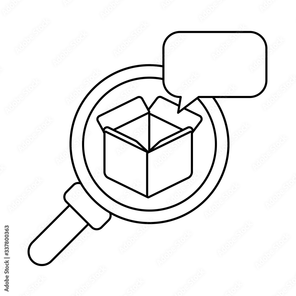 Sticker magnifying glass with cardboard box open , line style icon