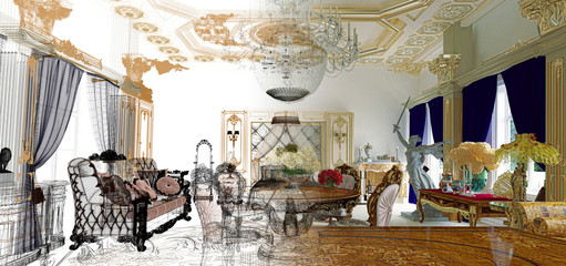 Wireframe luxuriously decorated rococo style room, bedroom, Byzantine gold and sculptures, draft, 3d rendering, 3d illustration