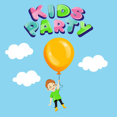 Kids Party, Children Holiday Invitation Concept. Happy Teenager Boy Flying On Helium Balloon Among the Clouds. Birthday Party Invitation. Kids Event Template. Cartoon Flat Style. Vector Illustration