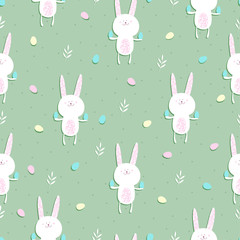 Easter pattern with funny bunnies, with eggs and leaves. Vector illustration for fabric, backgrounds, brochures, wrapping decorative paper.