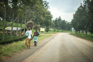 Women carry heavy load on head along African village road
