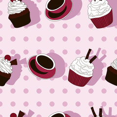 Cupcakes and coffee cup vector seamless pattern on a pink background with dots